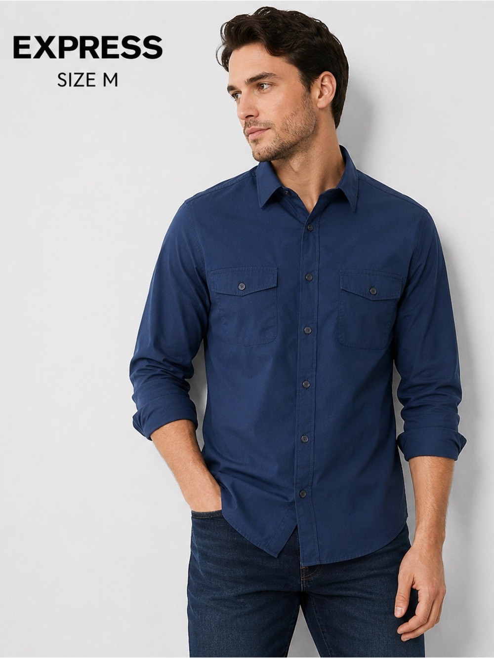 Express Men’s Medium Blue Button Front Utility Shirt Long Sleeve Cotton Blend